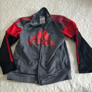 Boys size 6 Adidas Red and Gray Track Jacket with Color-Blocking Design